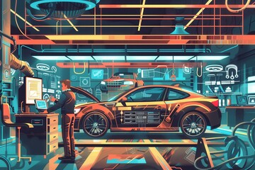 Aufkleber - A mechanic is using a computer to diagnose issues while working on an engine repair in a contemporary automotive workshop. Generative AI