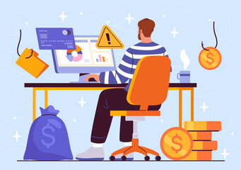 Poster - man with database security. young guy sits at computer near bank card and gold coins. internet safet