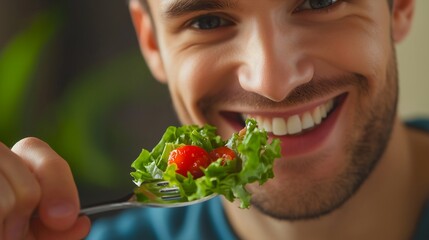 Man holding a fork with vegetable salad lettuce, smiling. Fitness trainer eating healthy vegetarian lunch dinner Hungry sportsman Weight loss diet Muscle building food Delicious recipes Nutrition 