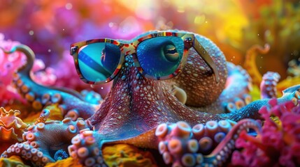 Canvas Print - A curious octopus wearing sunglasses swims in a vibrant coral reef