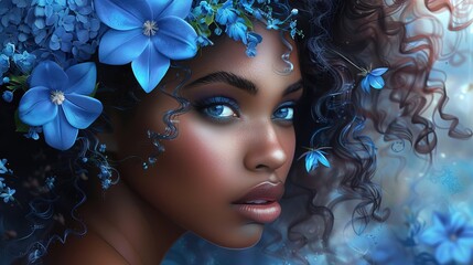 Poster - Beautiful black woman with blue flowers in her hair, beautiful background