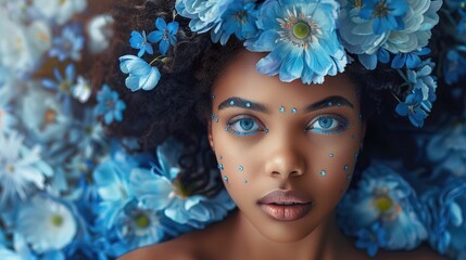 Poster - Beautiful black woman with blue flowers in her hair, beautiful background