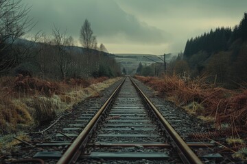 Poster - A train track runs alongside a dense forest, perfect for landscape or travel photos