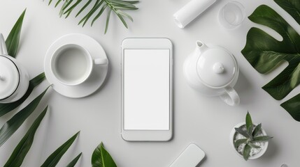 Poster - Styled flat lay scene with white phone and blank screen for copy space