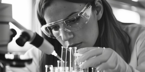 Poster - A woman in a lab coat and goggles working on a scientific experiment