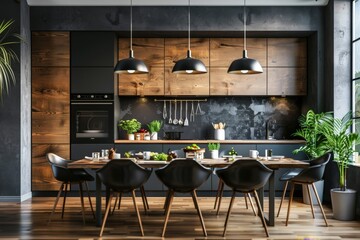 Wall Mural - A modern kitchen with a large wooden table and black chairs, generative ai image