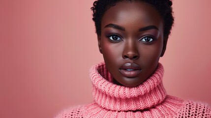 Wall Mural - fashion portrait of Beautiful black model woman wearing pink sweater, studio shot 