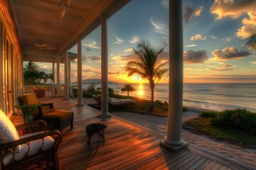 Poster - A dog stands on a porch next to the ocean, perfect for use in travel or coastal-themed designs