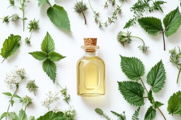 Nettle Leaf Extract. Stinging Nettle Oil and Fresh Leaves on White Background. Health Care and Wellness Concept.