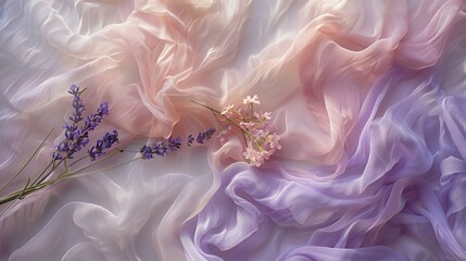 Wall Mural - A delicate arrangement of lavender and pink flowers on flowing, sheer fabric.