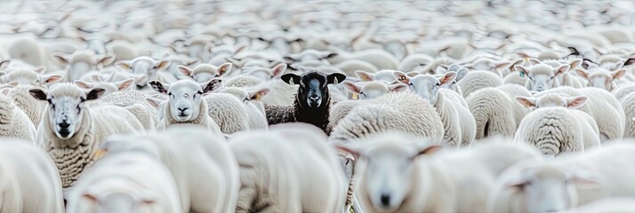 Poster - one black sheep standing among herd of white sheep