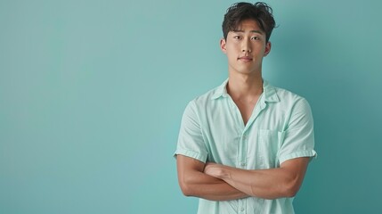 Wall Mural - Fullbody portrait of a korean man model standing in romper. Isolated on a plain colored background