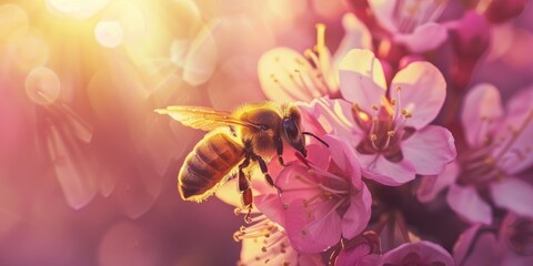 Sticker - Macro image of a bee collecting nectar from a pink flower