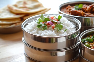 Tiffin Box. Luncheon Carrier Meal Container for North Indian Maharashtrian Food Menu