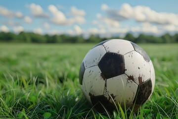 Poster - A soccer ball sits alone in the middle of a green field, ready for a game to begin