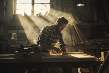 Poster - A person works on a wooden project in a well-lit workshop
