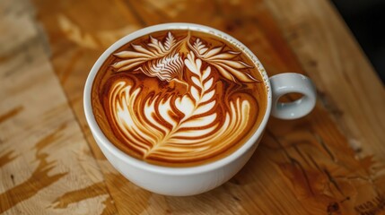 Poster - Latte art on wooden table with hot coffee in white cup