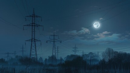 Aufkleber - Image of power lines under full moon