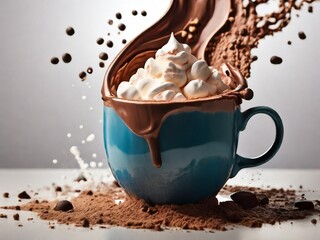 Wall Mural - Splash of hot chocolate, with vibrant and indulgent motion. The image is isolated on a plain background, emphasizing the rich and decadent appeal of the hot chocolate in a captivating, high-resolution