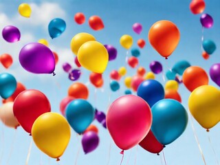 Wall Mural - Colorful balloons floating in the sky, with dynamic and vibrant motion. joyful visual of the balloons in a captivating, high-resolution composition suitable for celebrations and festive themes.