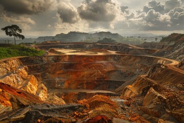 Poster - A massive open-pit mine filled with piles of dirt and debris