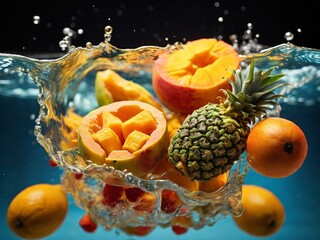 Wall Mural - colorful motion emphasizing the freshness and juicy appeal of the tropical fruits and the clean, refreshing water droplets.