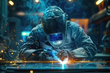 Sticker - A person wearing a welding mask works on a piece of metal, demonstrating the process