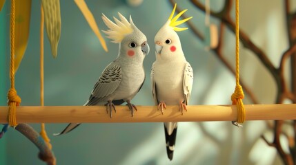 Two cockatiels perched on a play gym, engaged in a playful beak-to-beak interaction