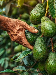 Wall Mural - Elderly hand harvesting avocados from a tree