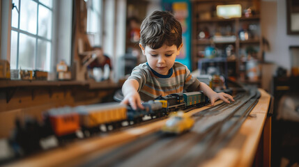 child playing with model freight train on tracks