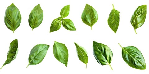 Poster - A collection of fresh green leaves on a clean white surface, ideal for illustrations and designs