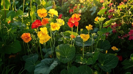 Wall Mural - Vibrant Nasturtium Flower in Lush Garden Setting - Botanical Beauty in Full Bloom