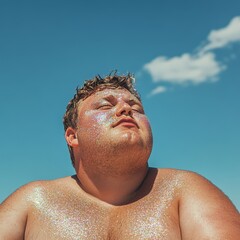 fat boy in summer sky, glitter, acne