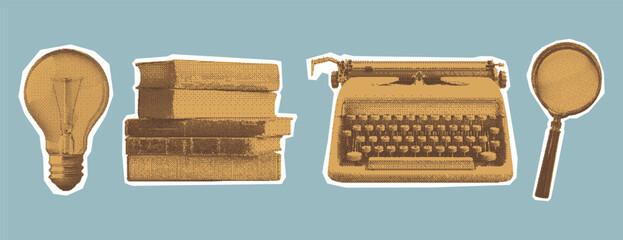 Fototapete - Explorer's kit includes items such as magnifying glass, typewriter, books, and light bulb. Collage colored set with photocopy dotted effect. Trendy halftone clipping elements.
