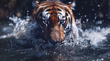 Aufkleber - Wild tiger strolling along the shore or wading in calm waters