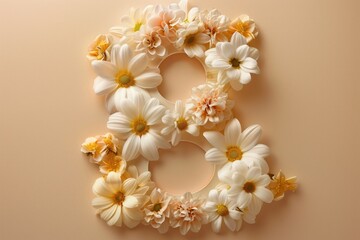 Poster - A hand-crafted numeral 8 created from colorful flowers on a soft pink surface, perfect for decorative purposes or as a symbol in digital designs