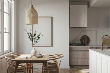 Wall Mural - A white kitchen with a wooden table and chairs, a vase with a plant on it, generative ai image