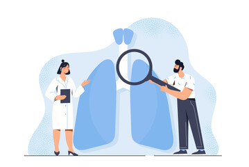 pulmonologist with lungs. man with magnifying glass and woman in uniform near huge lungs. diagnosis 