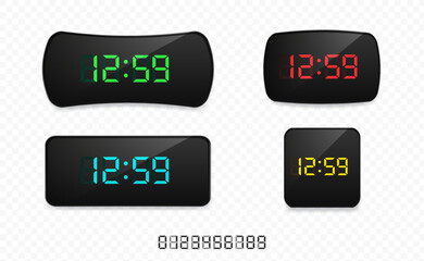 Poster - Digital clock set of glowing numbers. Realistic black electronic clocks with led numbers. Vector EPS 10