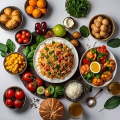 Food day decoration of meal, vegetables and fruits. Creative concept for healthy foods, fresh vegetables, fruit, with plate, food day celebration with attractive healthy food in white background