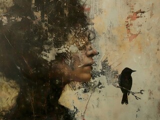 Poster - Abstract Portrait with Bird: A Thoughtful Moment