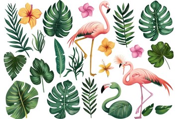 Poster - A collection of colorful tropical leaves surrounded by flamingos in a natural setting