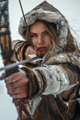 Aufkleber - A woman dressed in winter clothing holds a bow and arrow in a snowy environment, perfect for winter or outdoor-themed images