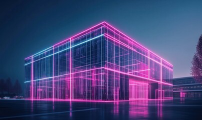 Poster - A building with a neon pink and purple glow