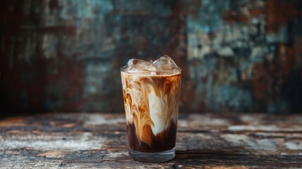 Iced coffee latte on rustic wooden table