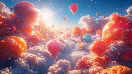 Wall Mural - Design a surreal landscape where towering carbon dioxide molecules are being captured and transformed into colorful balloons filled with clean