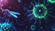 © lastfurianec - Virus particles using neon blue and green colors. Viruses are shown in close-up, emphasizing their spiked surface. The silhouette of a mosquito in the background represents the vector of infection.