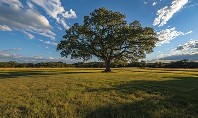 Wall Mural - A large tree stands in a field of grass. The sky is blue with a few clouds