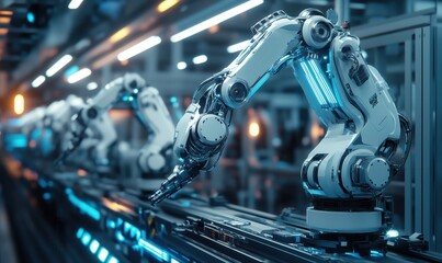 Poster - A robot is being built in a factory. The robot is white and has a blue light on it. The robot is surrounded by other robots, and there are people working on the robots