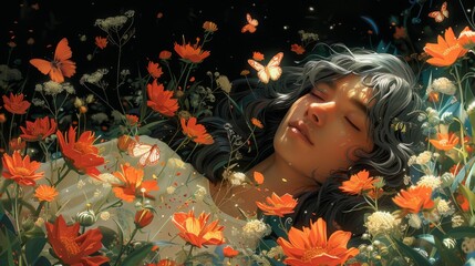 Poster - dreaming of transformation illustrate a scene of a person sleeping amidst a garden of blooming flowe